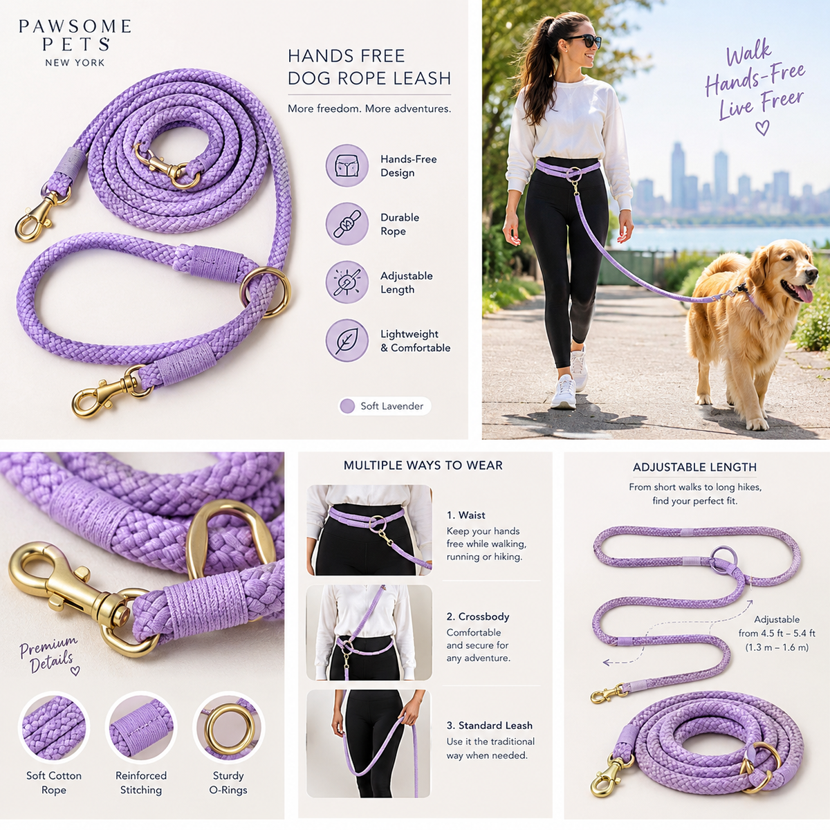 HANDS FREE DOG ROPE LEASH - SOFT LAVENDER